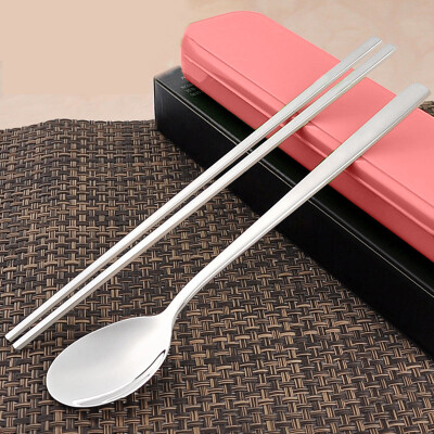 雅的一家304不锈钢实心扁筷子勺子便携餐具旅行筷勺套装韩式长柄