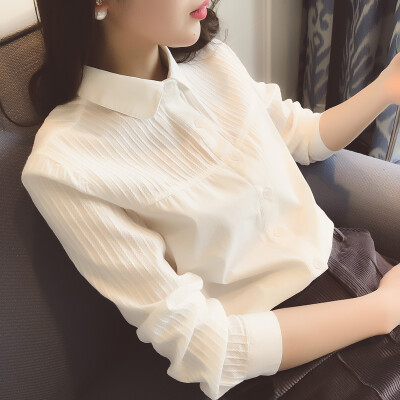 春装新款2016韩版女装韩范POLO领长袖打底白衬衫衬衣