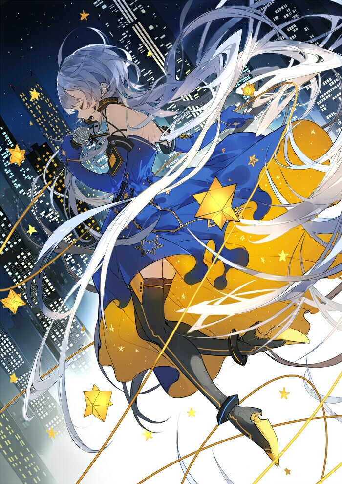 「Stardust」 画师：Nine 星愿Star Wish曲绘 星辰 v家 VOCALOID pixiv p站 插画 二次元 ACG 双马尾 银发娘 