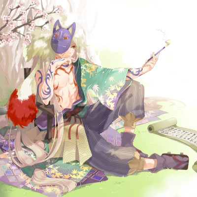 狐面 古卷 少年 手绘 