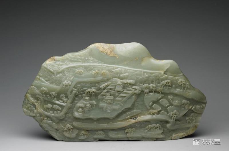 清 青玉插屏（台湾故宫博物院馆藏）
就玉石原形稍加琢磨而成的插屏，正面中间浮雕一庄院，并琢文「惠济祠」，旧运河河水环绕四周，上部为黄河，河上有帆船运行其间，下有一护城墙，横梗其间，另一面浮雕河水，上有船只，参差错落，行驶其中，上部有山石，屋宇排列其间。