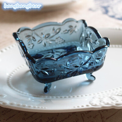 欧式复古蓝烟灰缸沙律碗肥皂盒干果碗冰淇淋碗 玻璃四角方碗