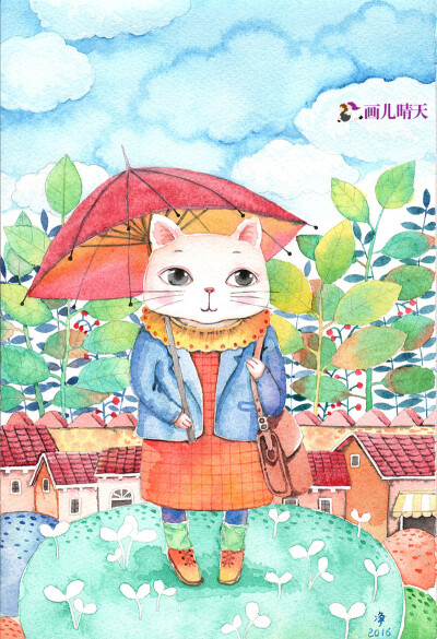 画儿晴天水彩画-猫-一把红伞撑开天空