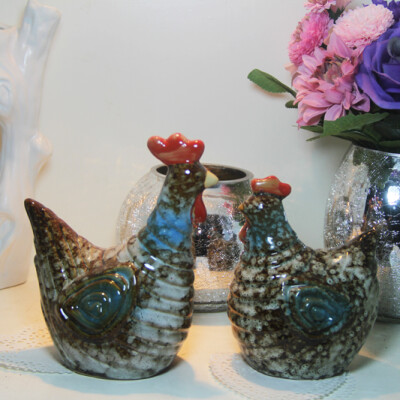 田园乡村风格窑变釉陶瓷对鸡摆件家居装饰品摆设