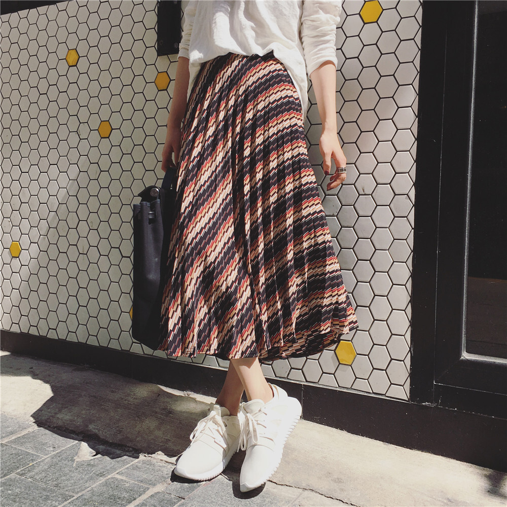 小绿2016SS 彩条百褶侧拉链半身雪纺长裙