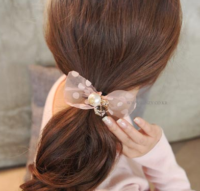 2016韩国现货3月 时尚波点纱纱蝴蝶结珍珠发圈发绳头绳