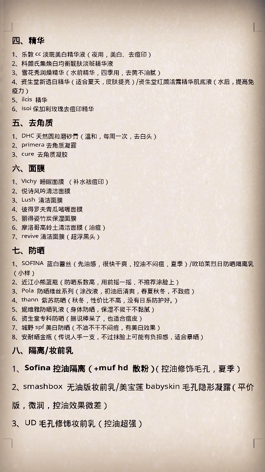 自己整理的一张好用品清单~分享一下吧~请油痘皮们适度参考（嗯 毕竟每个人肤质不同 实践才是检验真理的唯一标准~）(☆_☆)注意！基本是针对油痘皮的！