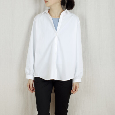 解构纯白色棉质中长款衬衫 女长袖韩版宽松衬衣后领褶皱设计
