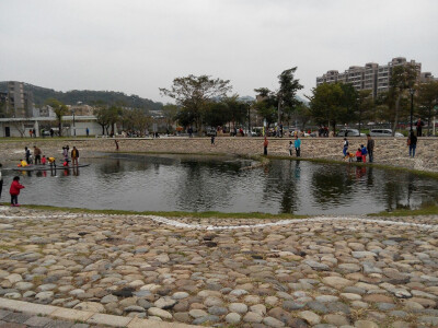 公園。水池。石頭步道。