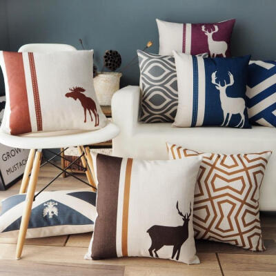 现代美式简欧几何麋鹿 棉麻办公室沙发抱枕套咖啡厅靠枕车用靠垫