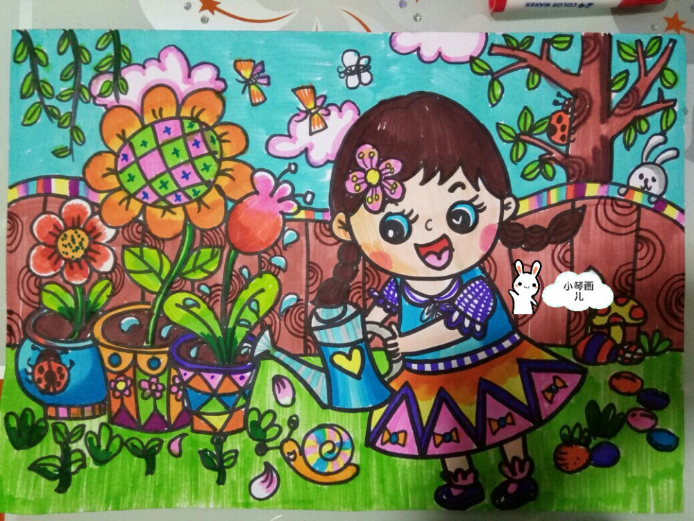 植树节，春天，水彩笔，种花，儿童画，油画棒