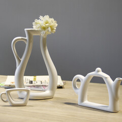 简约现代陶瓷白色花瓶茶壶家居桌面摆件 装饰结婚礼物艺术礼品