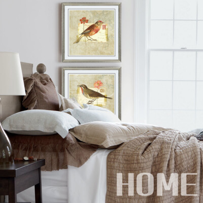 美式彩色植物花鸟挂画 卧室床头二联三联正方形装饰画 现代墙壁画