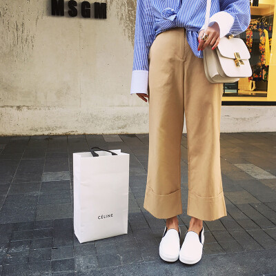 TKSTYLE定制 2016spring&nbsp;卡其色卷边设计9分裤 阔腿裤