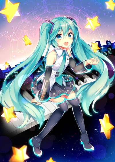 【id=55702513 标题：☆☆☆ 画师：栗栖 歳】初音未来，miku，39，三月九日，初音之日，miku之日，ミクの日2016，P站，少女，星星，琴键