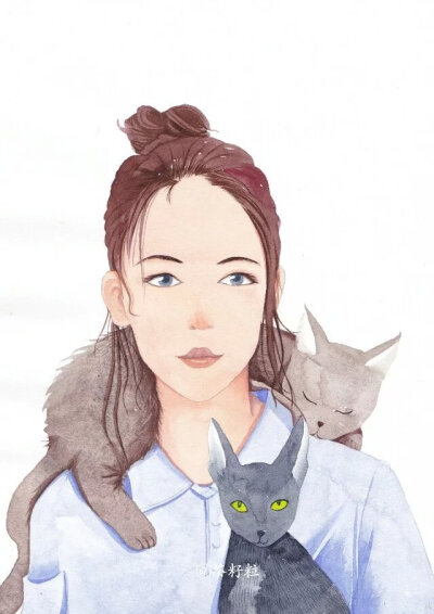 少女 猫 插画家园 茶籽粒