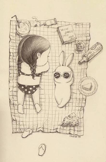 女孩 小兔 晒太阳