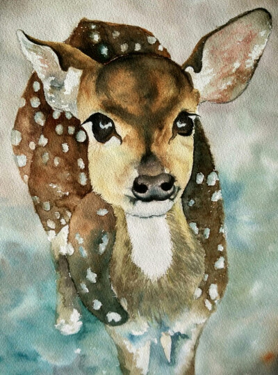 偶尔画两张水彩，动物小鹿，我是莲生