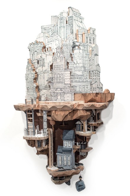 Luke O’Sullivan 结合木雕和绘画的梦幻城市景观作品，悬浮的木头岛屿～