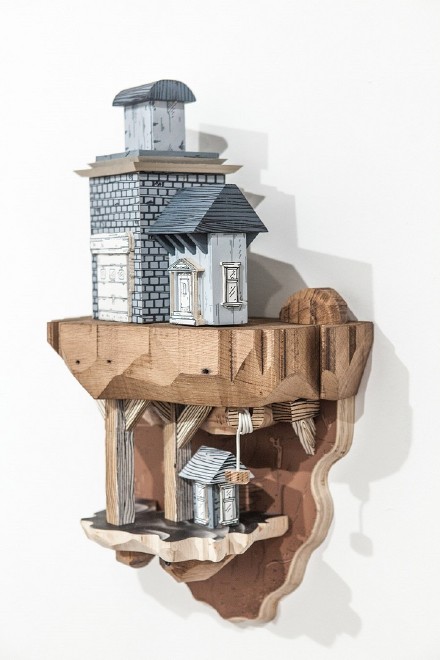 Luke O’Sullivan 结合木雕和绘画的梦幻城市景观作品，悬浮的木头岛屿～