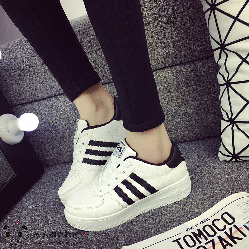 2016春季新款白色运动鞋女韩版学生厚底皮面拼色休闲鞋三条杠板鞋