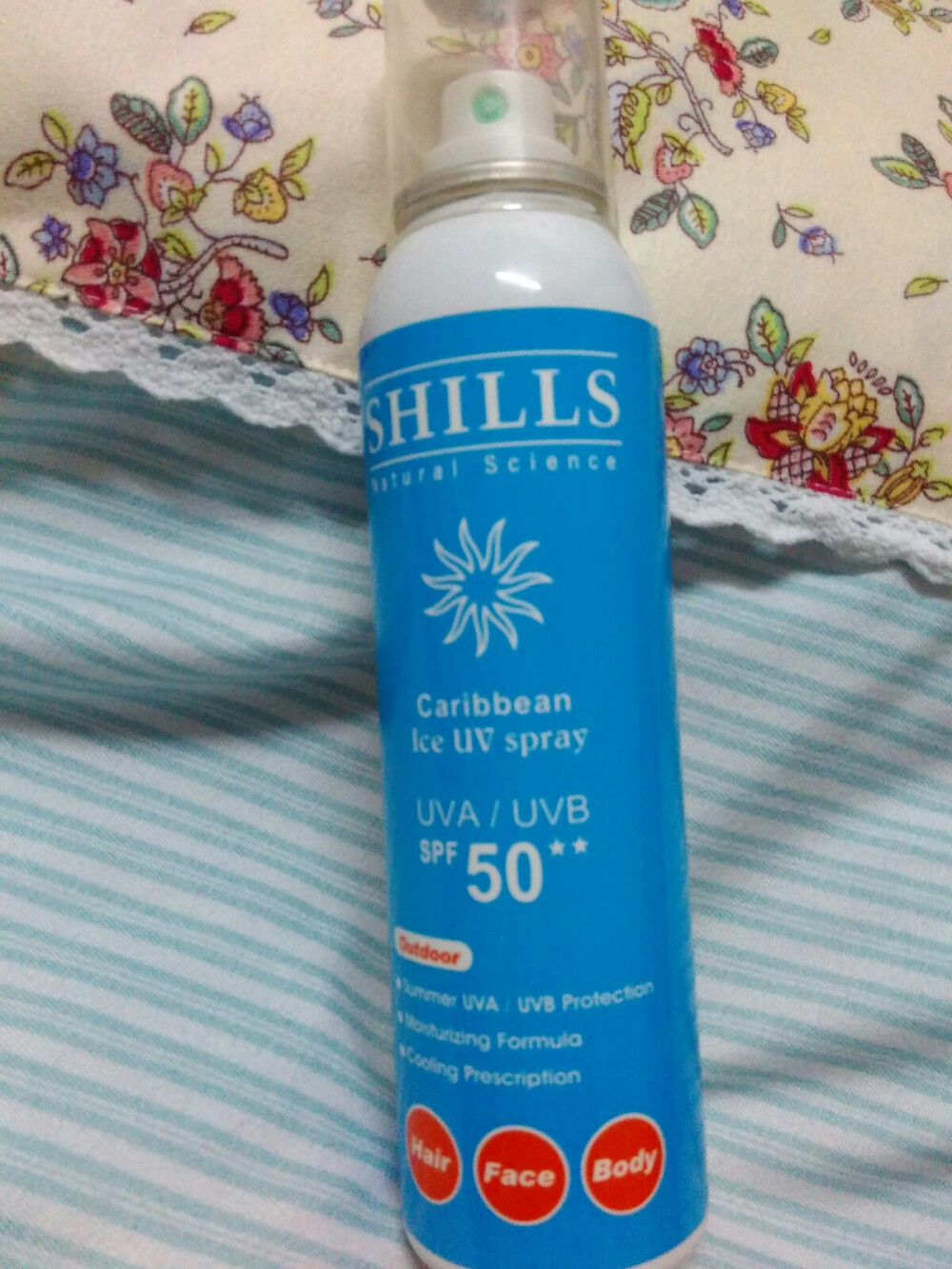 shills舒儿丝防晒喷雾180ml，日本原装进口压头，SPF50，隔离防护白皙润色保湿，极酷冰镇，瞬间给皮肤降温，完全不油腻，喷前摇一摇，距离皮肤10-15公分！