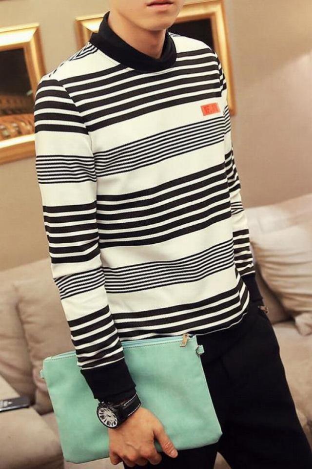 新款日系男士复古条纹修身针织衫