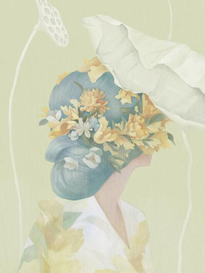 台湾Hsiao-Ron Cheng朦胧风格肖像插画欣赏花卉人物插画莲花插画莲蓬