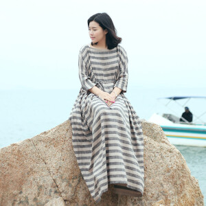 馨桔XINJU原创自制文艺棉麻宽松七分蝙蝠袖抽绳连衣裙高个子长裙