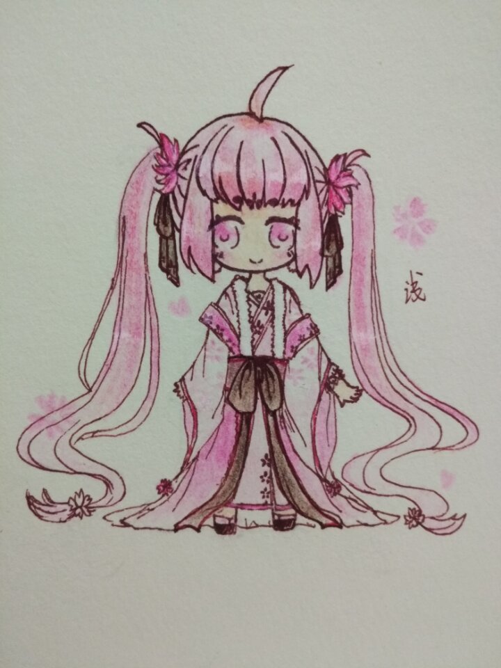 手绘彩铅q版女孩樱花