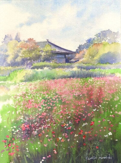 【唯美的日系田园风光水彩画】日本插画师Kanta Harusaki的日系田园风风光水彩画，其中的建筑部分的绘画非常漂亮。