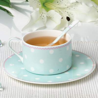 甜美薄荷绿波点欧式咖啡杯碟套装送勺创意英式下午茶具红茶杯
