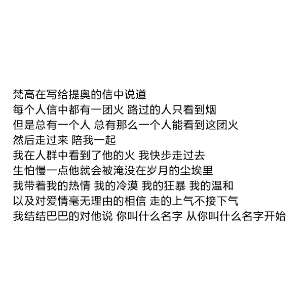 ［自制］梵高在写给提奥的信中说道
每个人信中都有一团火 路过的人只看到烟
但是总有一个人 总有那么一个人能看到这团火
然后走过来 陪我一起
我在人群中看到了他的火 我快步走过去
生怕慢一点他就会被淹没在岁月的尘埃里
我带着我的热情 我的冷漠 我的狂暴 我的温和
以及对爱情毫无理由的相信 走的上气不接下气
我结结巴巴的对他说 你叫什么名字 从你叫什么名字开始
后来 有了一切