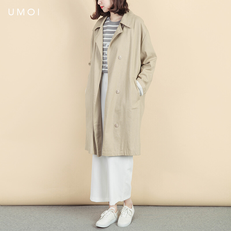 UMOI 2016春装新款女春秋外套风衣女中长款双排扣外套长款风衣