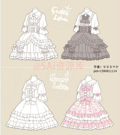 #SAI资源库# lolita动漫裙子样式绘画参考，每种都美美哒，自己收藏，转需~（画师：なななのか pid=1590811114）