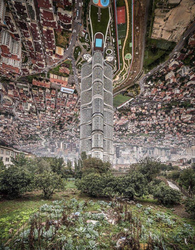 土耳其的摄影师与艺术家 Aydın Büyüktaş将在同一角度拍摄的航拍照片与普通的照片上下合并，创造出了类似于平行宇宙的效果。