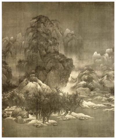 北宋，范宽，《雪景寒林图》，气势磅礴，境界深远，动人心魄，生动地描绘出秦地雪后山川、林塑如诗景象，为其代表作之一。