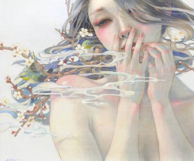 日本画师平野实穗（Miho Hirano）笔下红色眼妆的少女带着淡淡忧伤，花朵青枝蝴蝶小鸟在发间穿梭。分享给大家