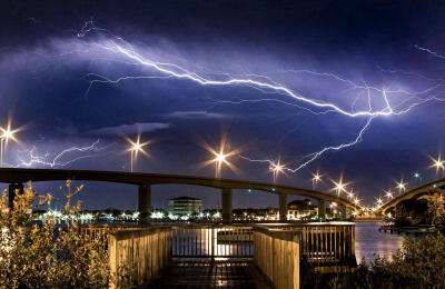 英国《每日邮报》3月20日盘点了全球地标建筑被闪电击中的一瞬间呈现的壮观景象。横向闪电（又被称为片状闪电）击中佛罗里达州的海风桥（Seabreeze Bridge）。