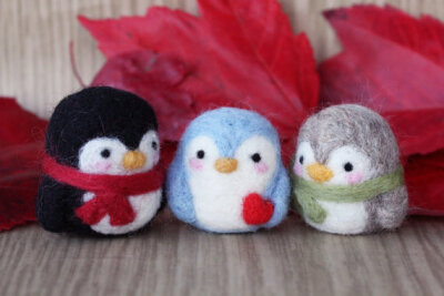 Needle felted penguin - in black, blue or gray with scarf or heart, eco
friendly toy, Christmas tree ornament and keychain