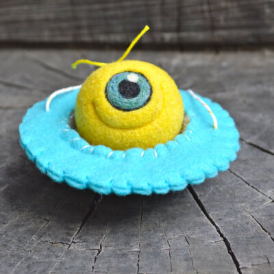 Needlefelted Yellow Wool Alien in a Spaceship Ready to Ship