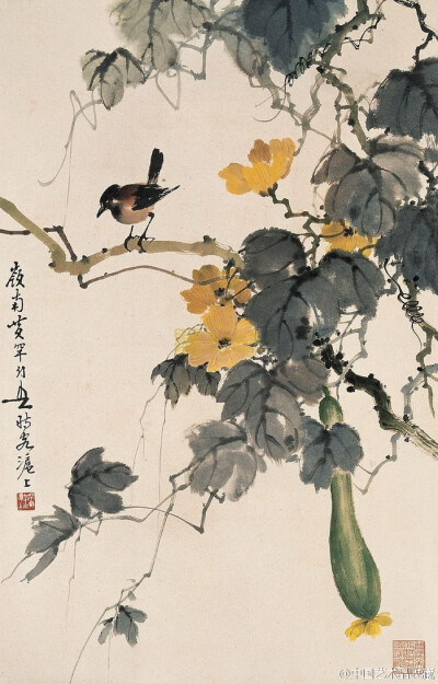 #岭南画派#【 黄幻吾 《花鸟图》 】黄幻吾（1906-1985）精研国画，善绘山水、人物、花卉、鱼虫、鸟兽，尤以花鸟画、山水画功夫独到，刻划真切动人、栩栩如生，他的作品富有新意，能把水墨、彩色熔铸一炉，做到情调美…