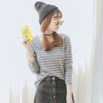【水滴森林】 学院风百搭宽松横条纹长袖女士T恤打底衫