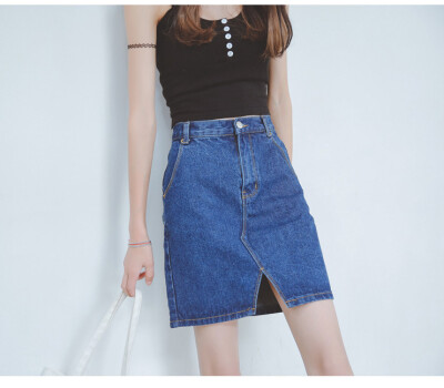 【水滴森林】日系高腰前开叉A字牛仔半身裙复古显瘦包臀中裙