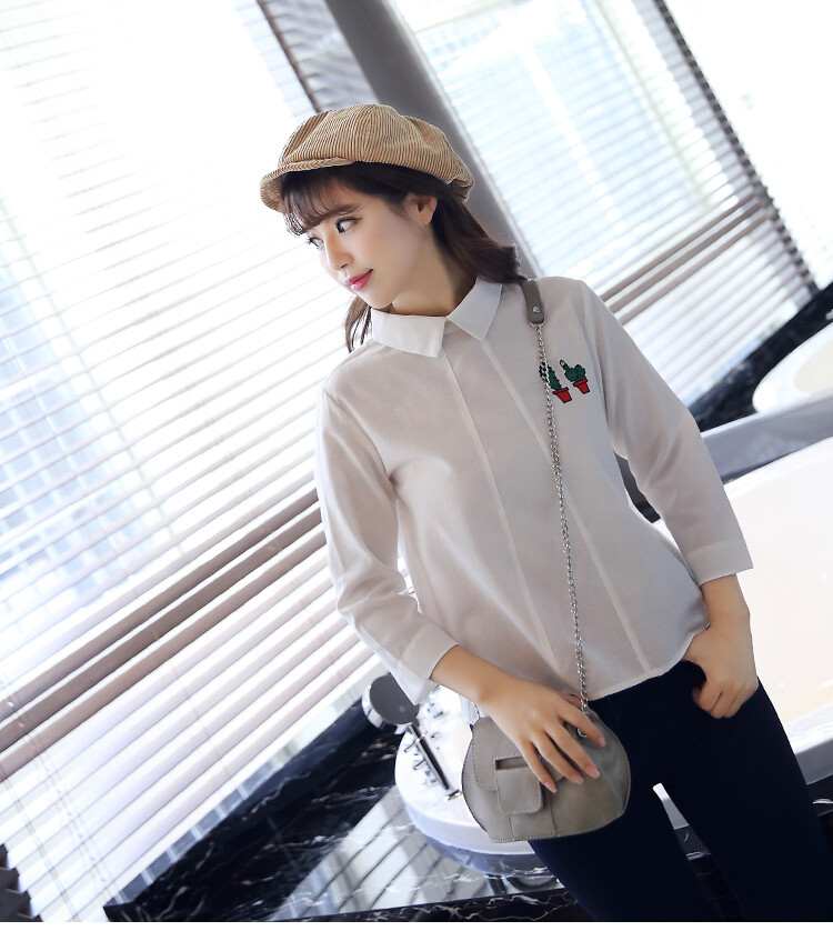 【水滴森林】长袖白色百搭衬衣学院风仙人掌刺绣