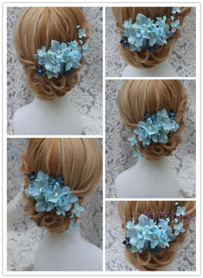 定制 手工韩式新娘头饰头花发饰淡蓝色欧美风婚纱配饰仿真花朵结婚饰品