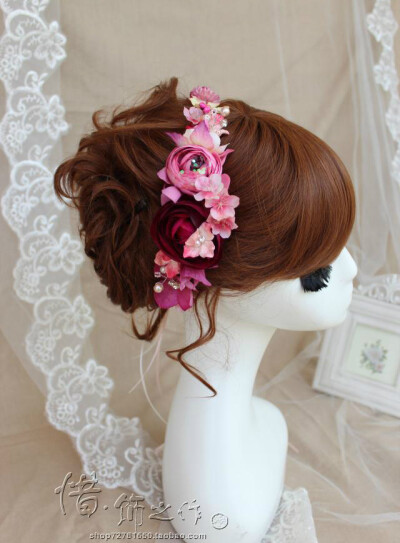 定制 惜饰之作手工韩式新娘头饰枚红色玫粉色头花发箍花环欧美结婚饰品