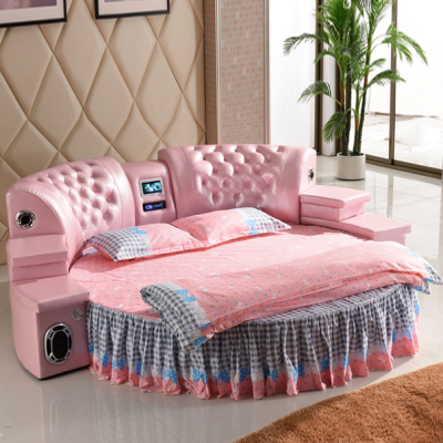 双人真皮床，个性圆床，浪漫粉色修饰十分有格调，圆滑精致！ 