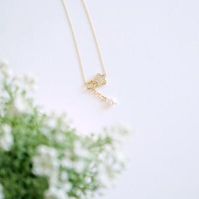 日本手工定制镀金锆石双星坠淡水珍珠项链