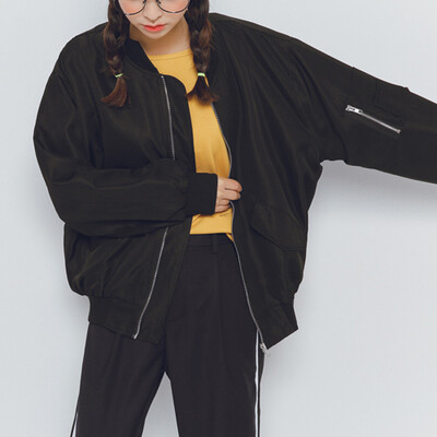 韩国秋冬新款宽松显瘦袖子拉链口袋棒球领飞行员服短款外套夹克女